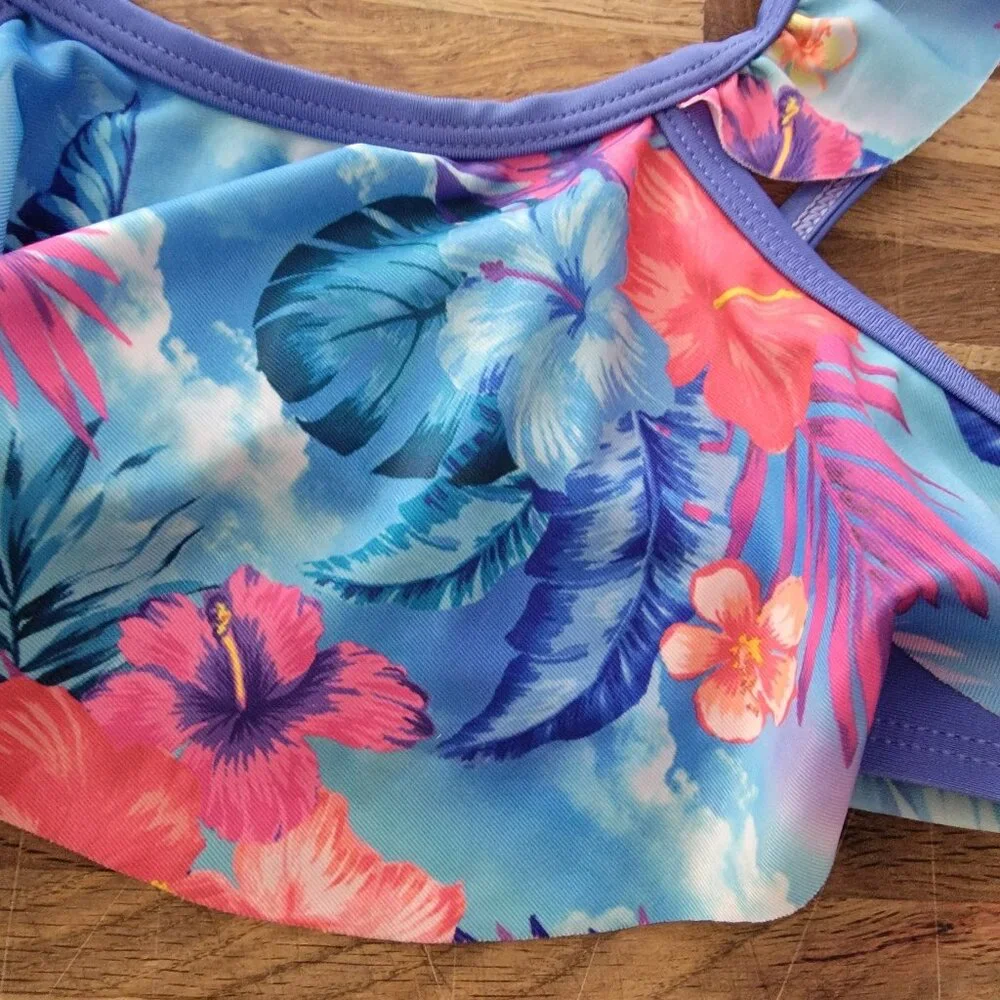 Wonder Nation Girls Flounced Bikini Top Blue Tropical Leaf Print